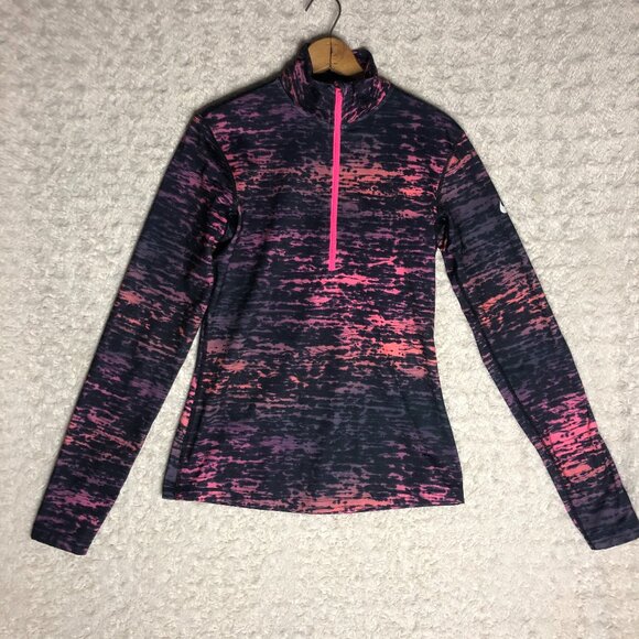 Nike Pro Warm Purple Pink Ink Strip Long Sleeve 1/2 Zip Running Shirt Size M - Picture 1 of 4